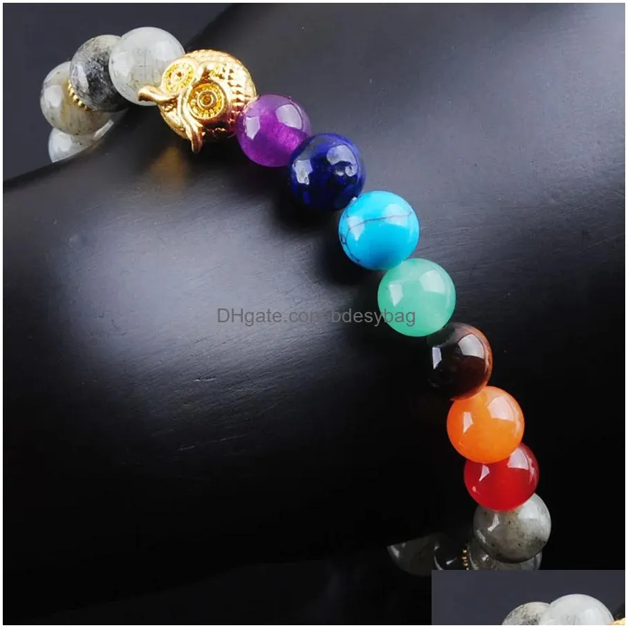 natural gemstones round beads owl bracelets strands 7 chakra healing mala meditation prayer yoga women jewelry bk327