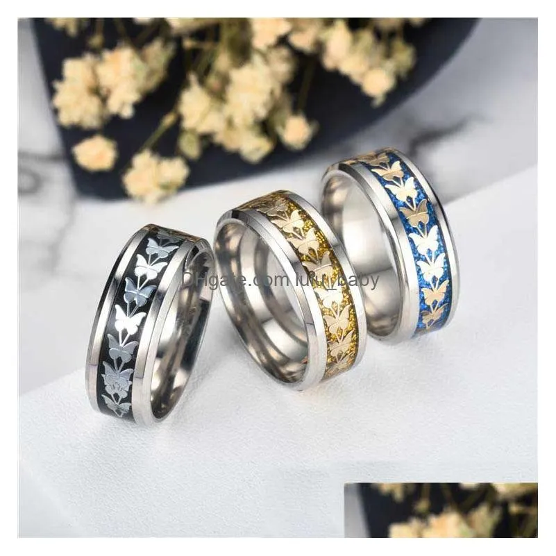 stainless steel butterfly blue gold sequin band ring couple fashion jewelry for women gift