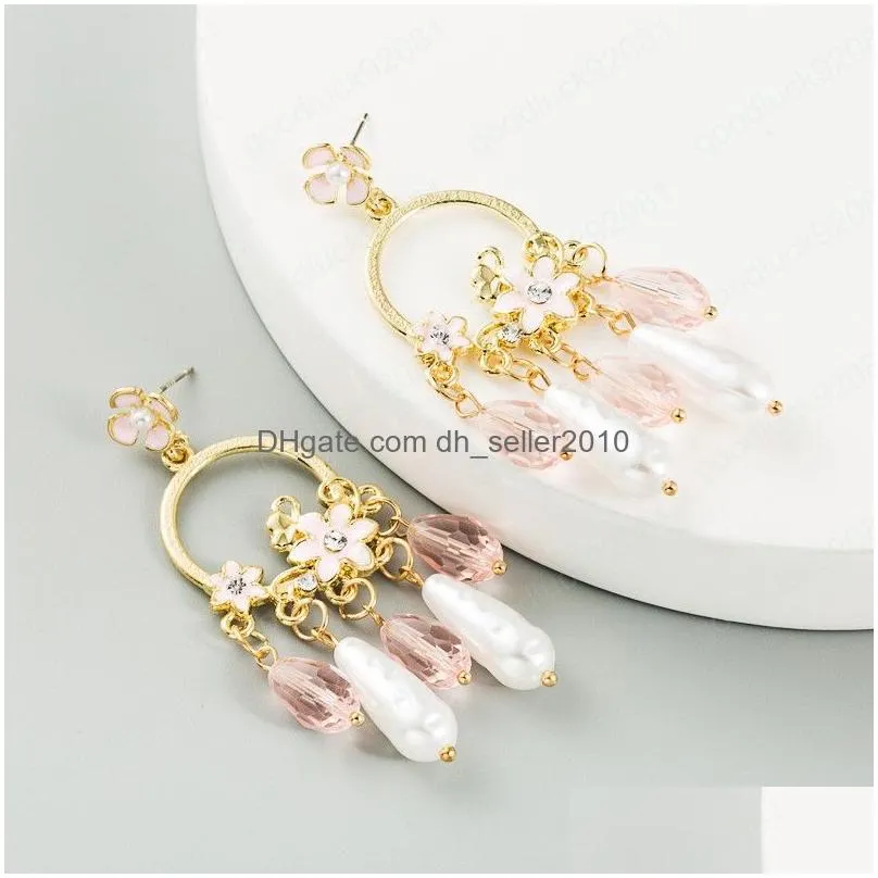vintage simulated pearl flower dangle earrings for woman elegant hand made crystal statement drop earrings woman party brincos