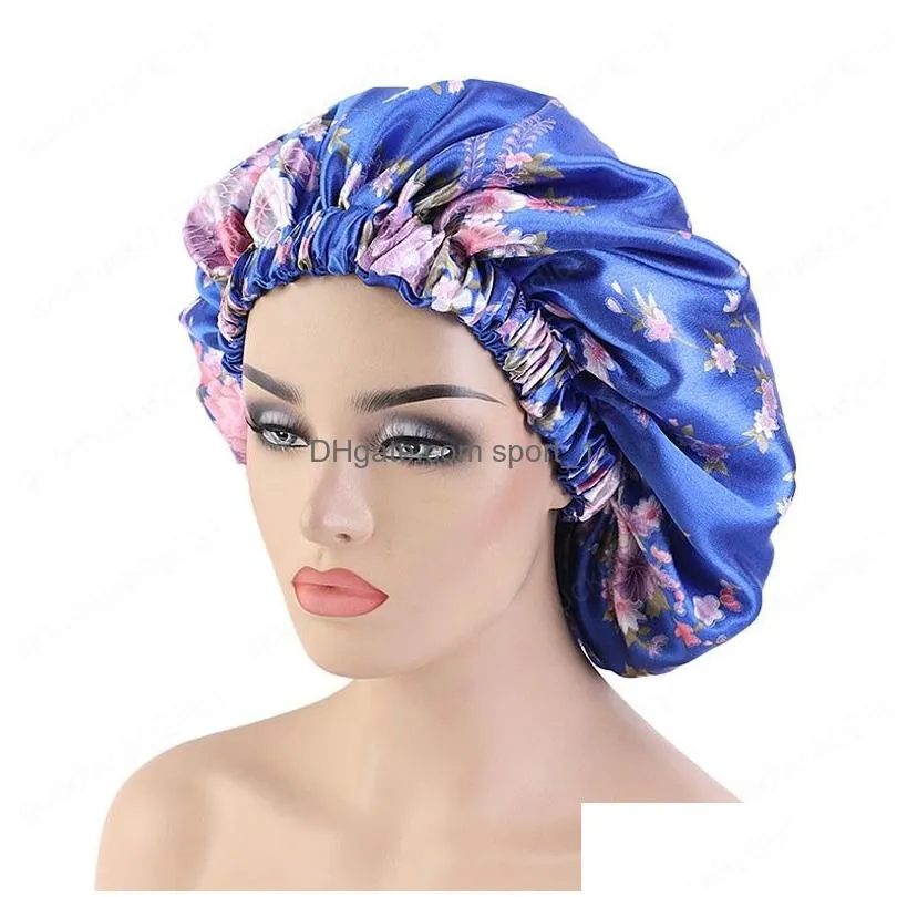 extra large satin lined beanies caps women big size beauty print double layer silk sleep night cap head cover bonnet hat