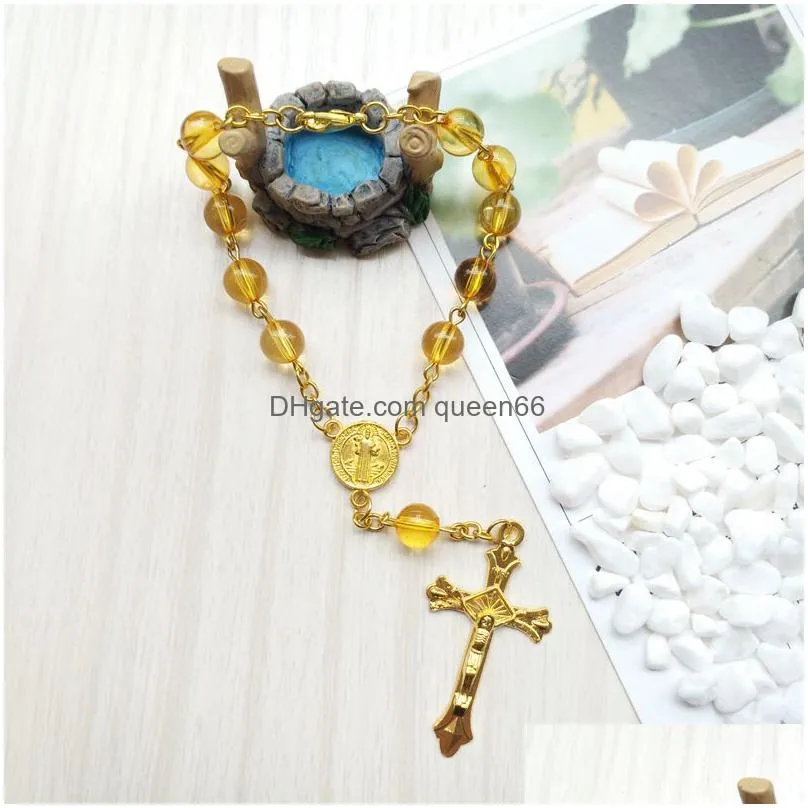 yellow transparent acrylic beaded bracelet jesus cross rosary bracelet religious jewelry