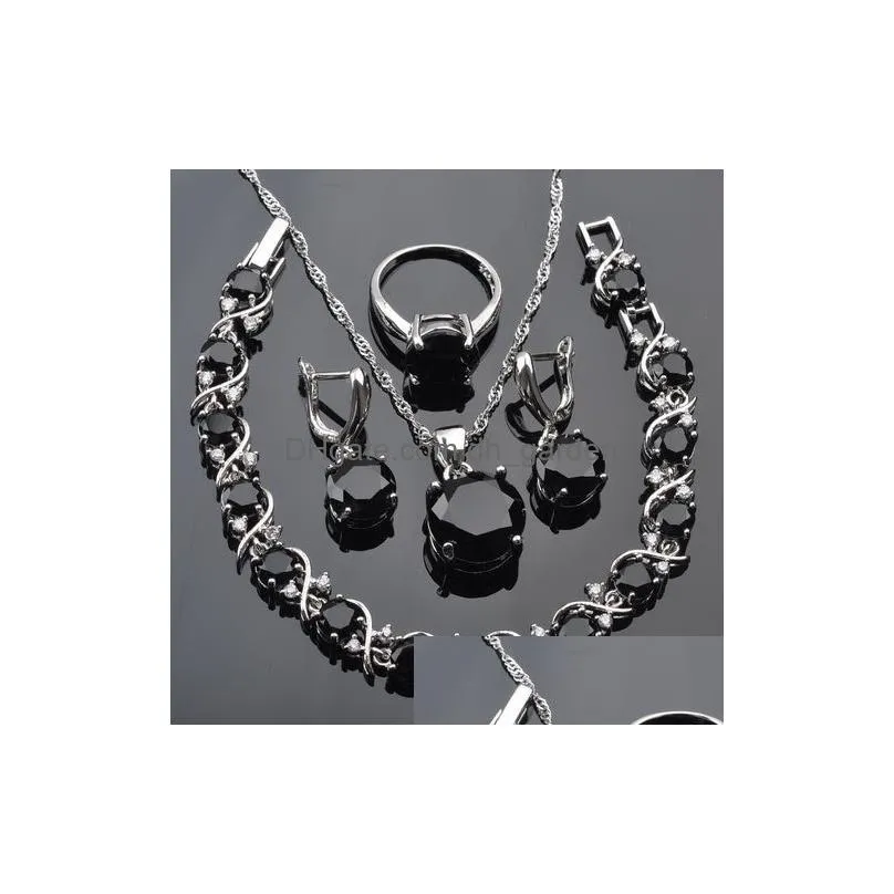 necklace earrings set fahoyo wedding jewellry 925 sterling silver classic black cubic zircon for women crystal qs0218