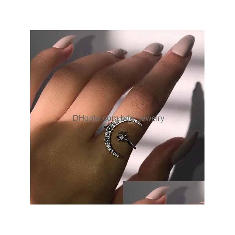 fashion silver cz moon and star rings women wedding jewelry open adjustable ring