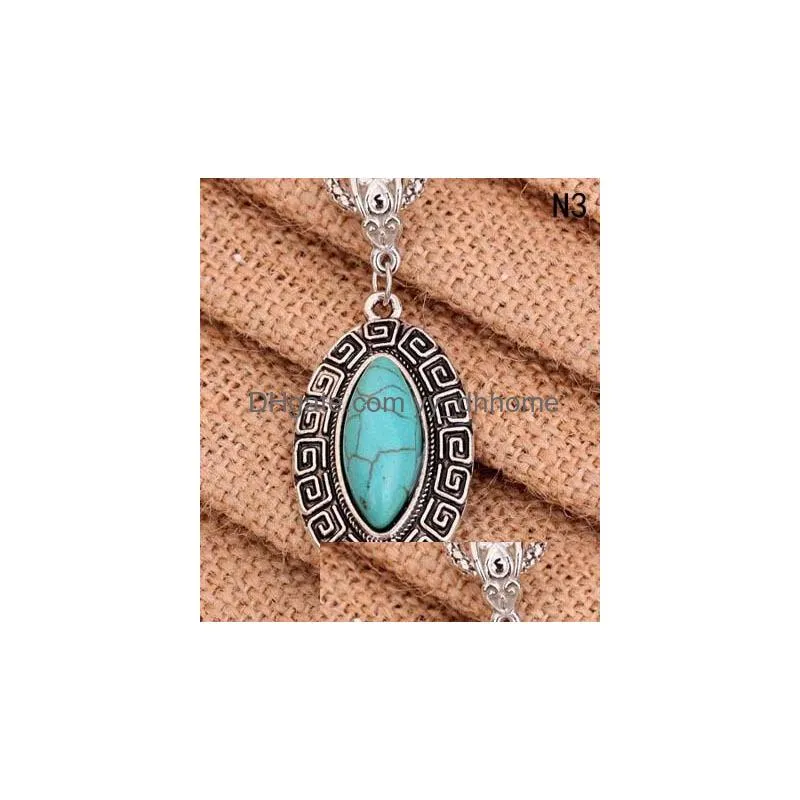 round tibetan silver turquoise necklacewith chain 12 pieces a lot mixed style fashion womens diy european beads pendant necklace