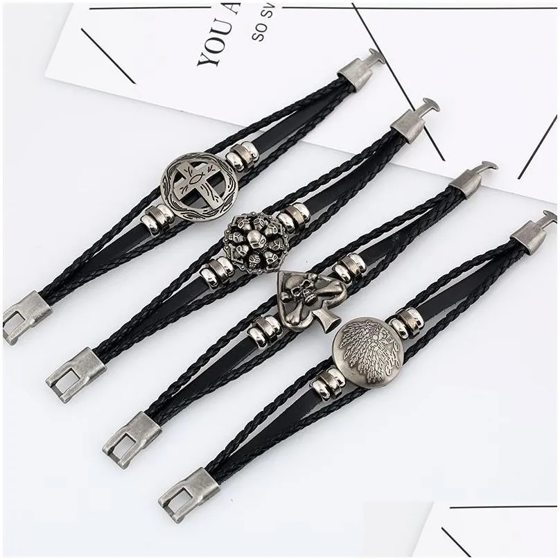 buttoned braided bracelet skull leather necklace gsfb423 mix order slap snap bracelets