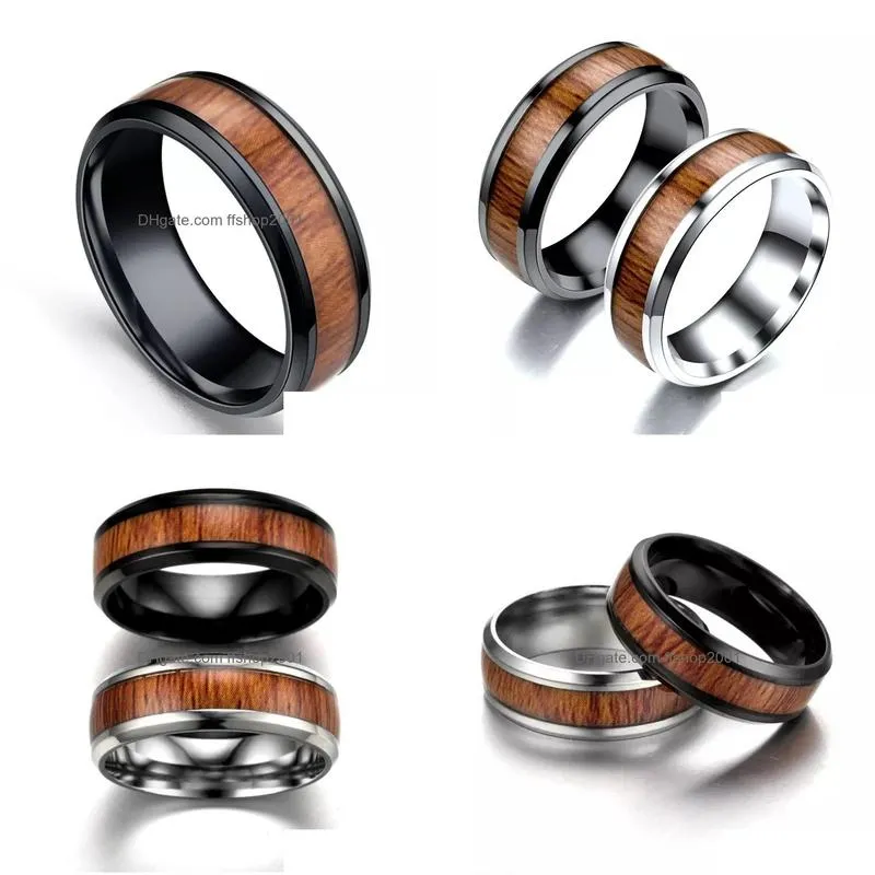 inlaid teak titanium steel ring mens wedding ring retro wood grain design ring for men women jewelry