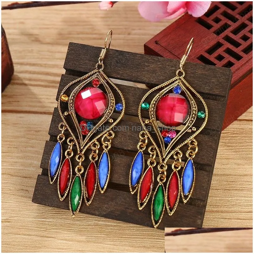 womens exaggerated hollow water drop tassel earrings indian jhumka jewelry vintage bohemia ethnic style blue rhinestone dangle