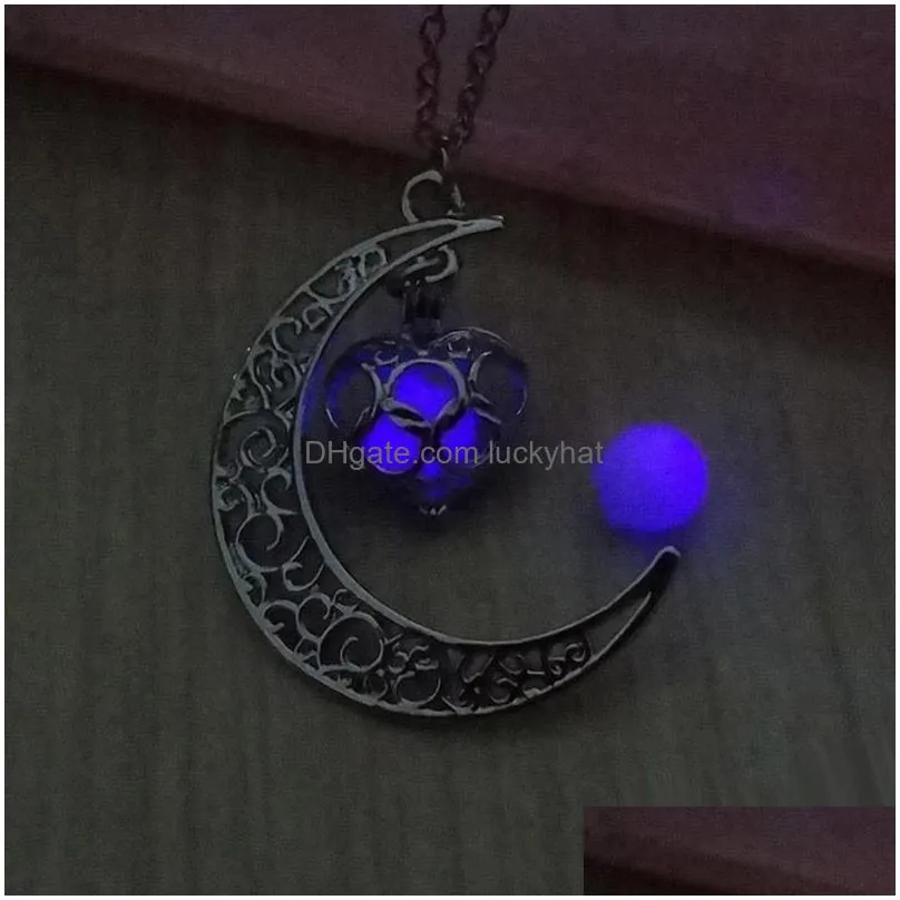 hot glow in the dark necklaces hollow heart crescent moon luminous pendant chains for women fashion jewelry accessories gift