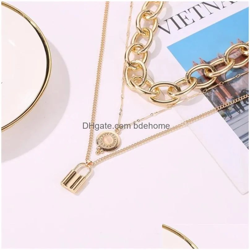 hot selling accessories punk lockshaped long chain necklace fashion disc opal multilayer sweater chain thick gold necklace
