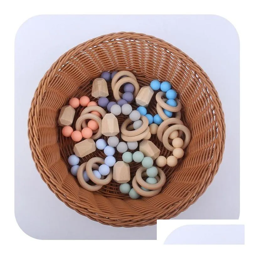 baby teether rings food grade beech wood teething ring soothers chew toys shower play round wooden bead born silicone teethers