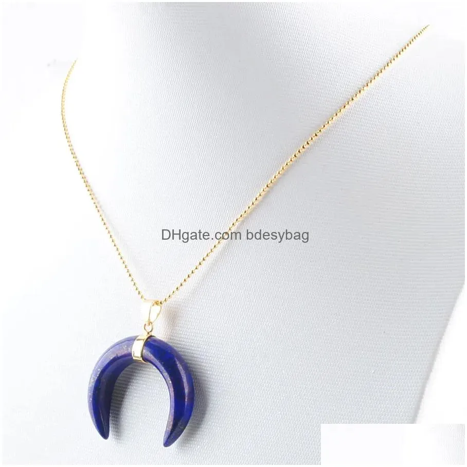 natural stones crescent moon necklaces pendants pink quartz black agates stone gold color reiki women jewelry chain 45cm bn328