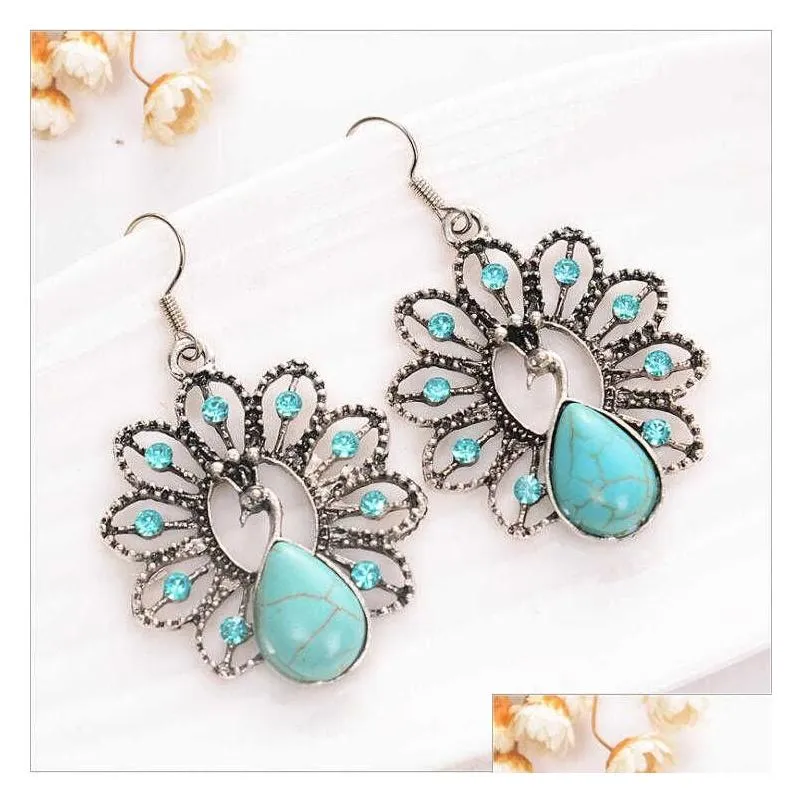 womens lovely peacock tibetan silver turquoise dangle chandelier earrings gstqe016 fashion gift national style women diy earring