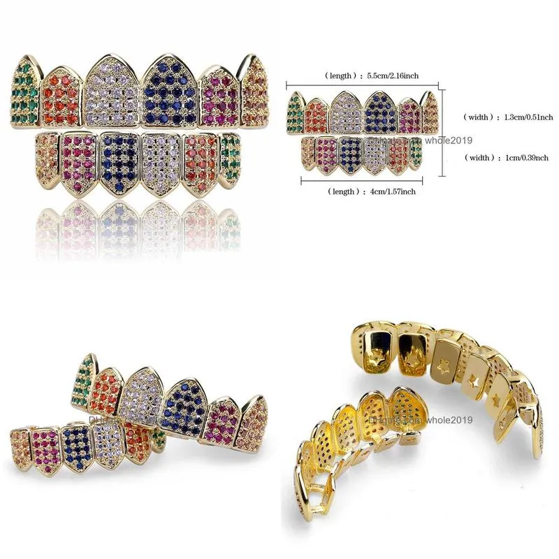 hip hop micro diamonds teeth grillz 18k gold plated hiphop teeth grillz rhinestone top bottom grills bling bling jewelry gifts