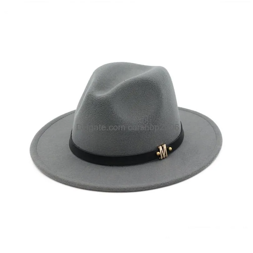 men women wool panama felt hat wide brim jazz fedora hats black m letter leather band decorated formal hat trilby