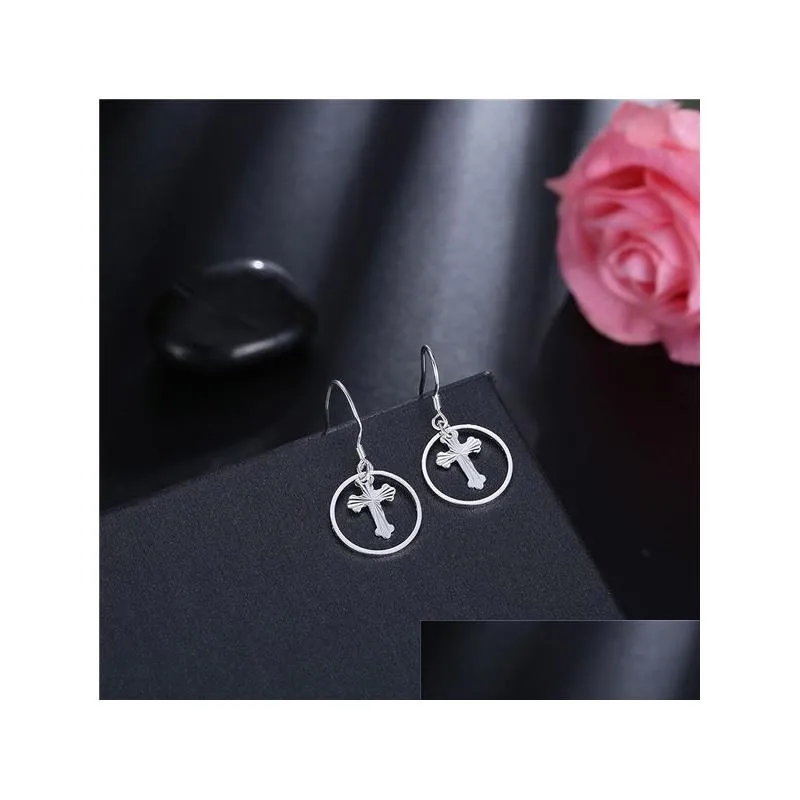 womens sterling silver plated car flower cross earrings dangle chandelier gsse927 fashion 925 silver plate earring gift
