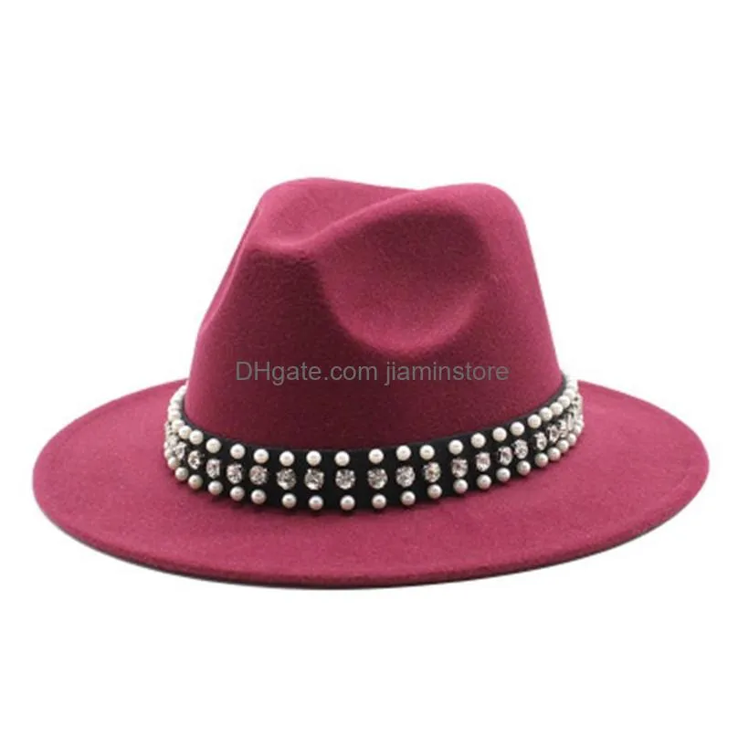 winter women hats wide brim jazz caps belt buckle party formal winter women fedora hats panama trilby  white red felt hats