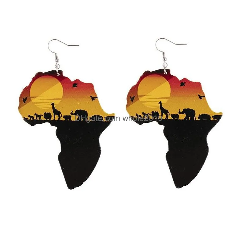 fashion geometry round wooden earrings dangle printed afro female portrait letters earring afro maps comb shape ear hook eardrop women