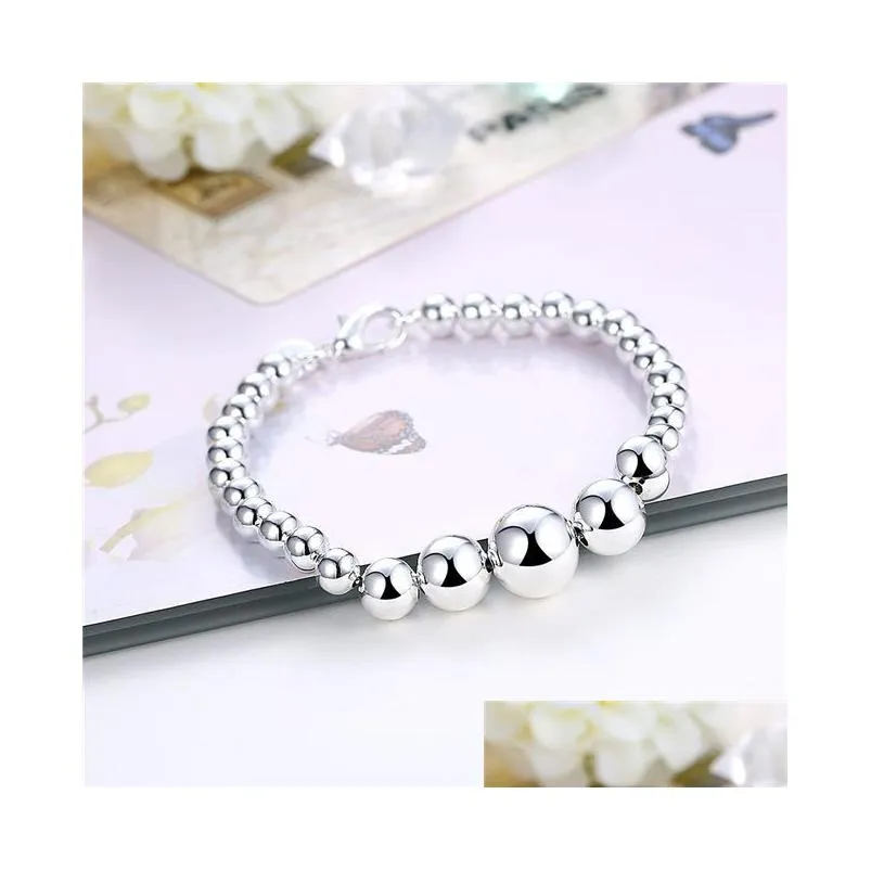 sterling silver plated large and small beads beaded strands bracelet gssb165 fashion 925 silver plate jewelry bracelets