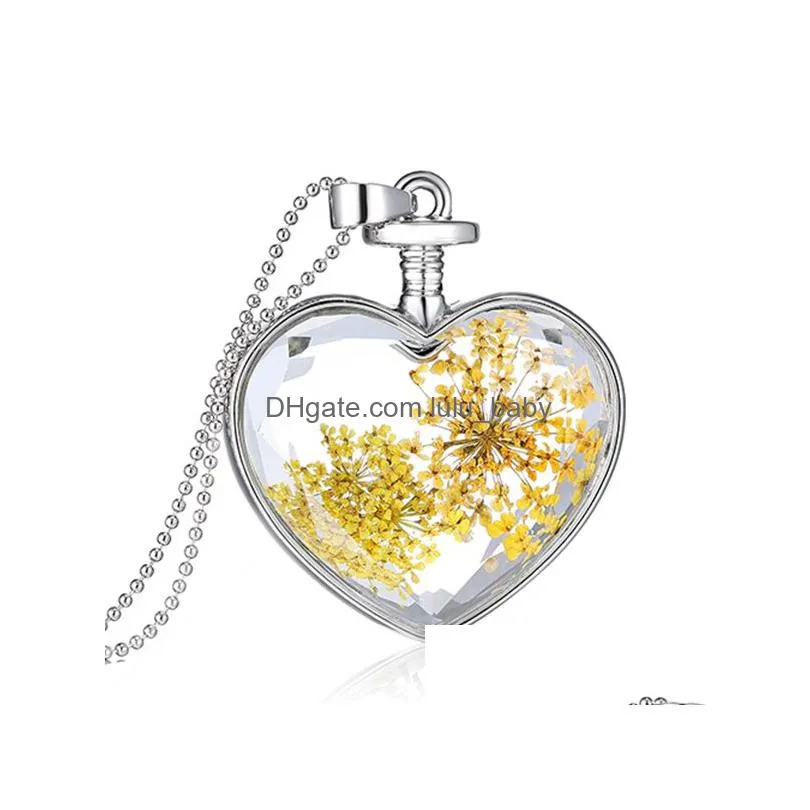 high quality heart glass dried flowers necklace female long chain glass pendant women engagement jewelry for lovers gift