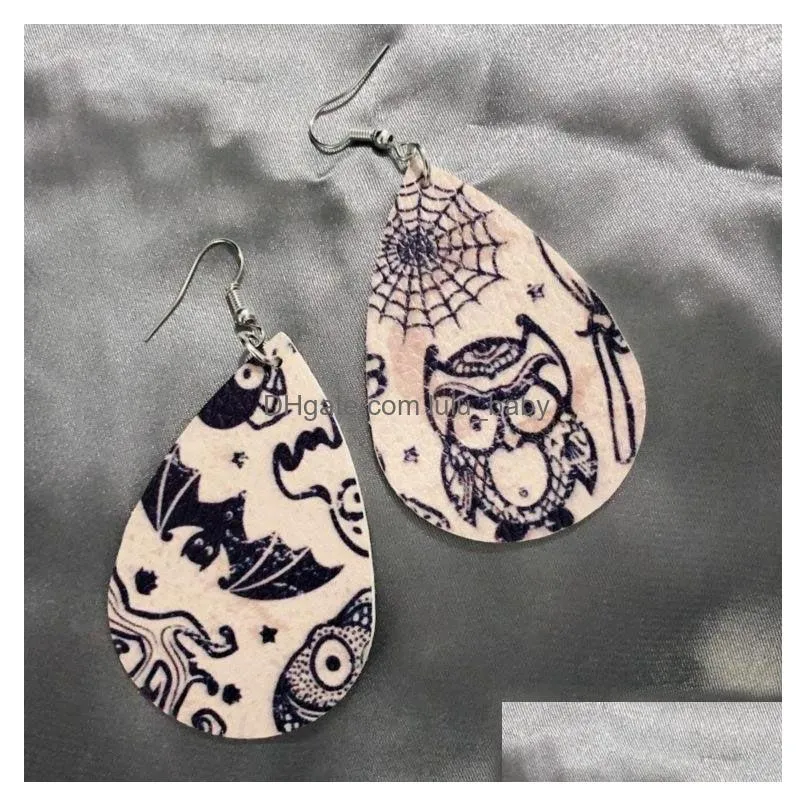 bohemian statement leather earrings pumpkin lantern skull print halloween jewelry vintage ethnic waterdrop shape dangle earrings for
