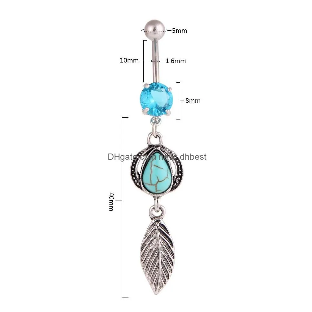 fashion belly button rings 316l stainless steel barbells dangle turquoise ball match feather navel rings piercing jewelry