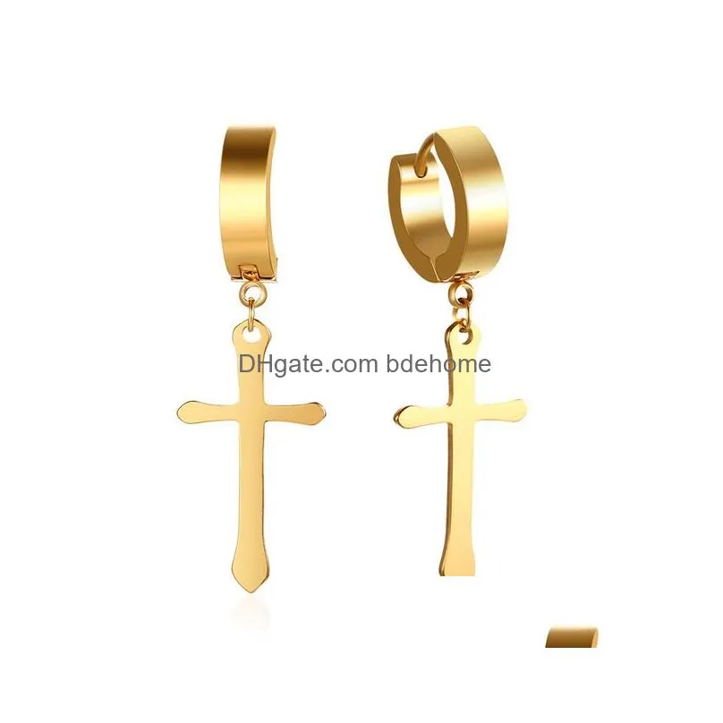 black gold silver color drop earrings for women men punk small circle with cross stainless steel drop earring uni