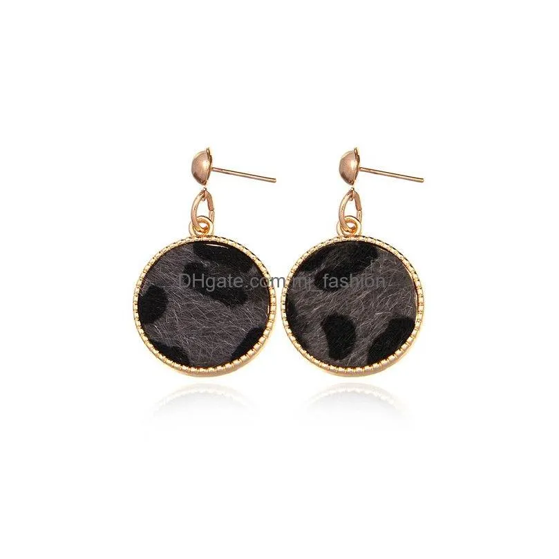 fashion gold plated cheetah round earrings for women designer animal print leopard leather disc stud earrings statement custom jewelry