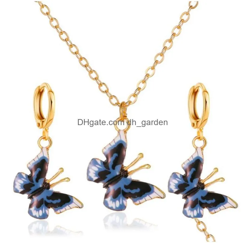 necklace earrings set blue red yellow multicolor butterfly sleeper dangle earring pendant alloy for women