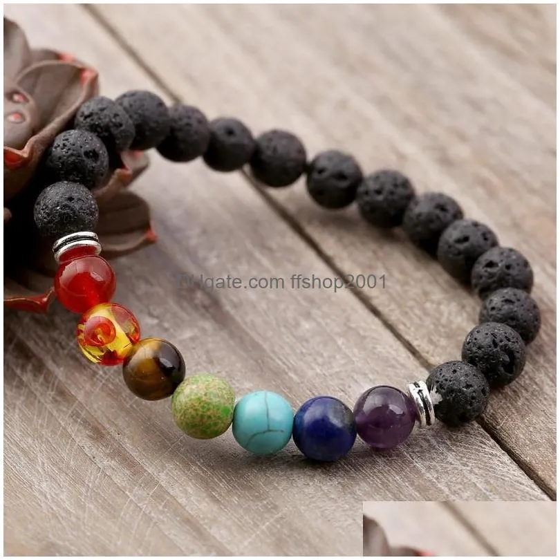 natural lava stone 7 chakra bracelet diffuser bracelet charm yoga beaded bangle stretch perfume bracelets couple gift