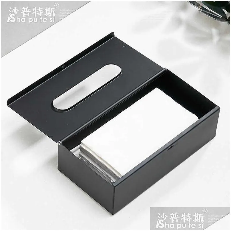 304 stanless steel tissue box holder black finish square cover wall mounted toilet paper car 210818