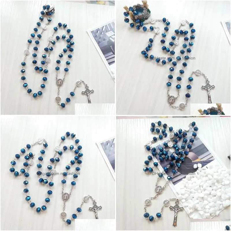 catholic jewelry long cross crystal rosary necklace