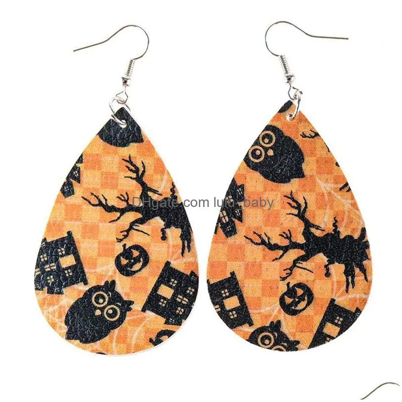 bohemian statement leather earrings pumpkin lantern skull print halloween jewelry vintage ethnic waterdrop shape dangle earrings for