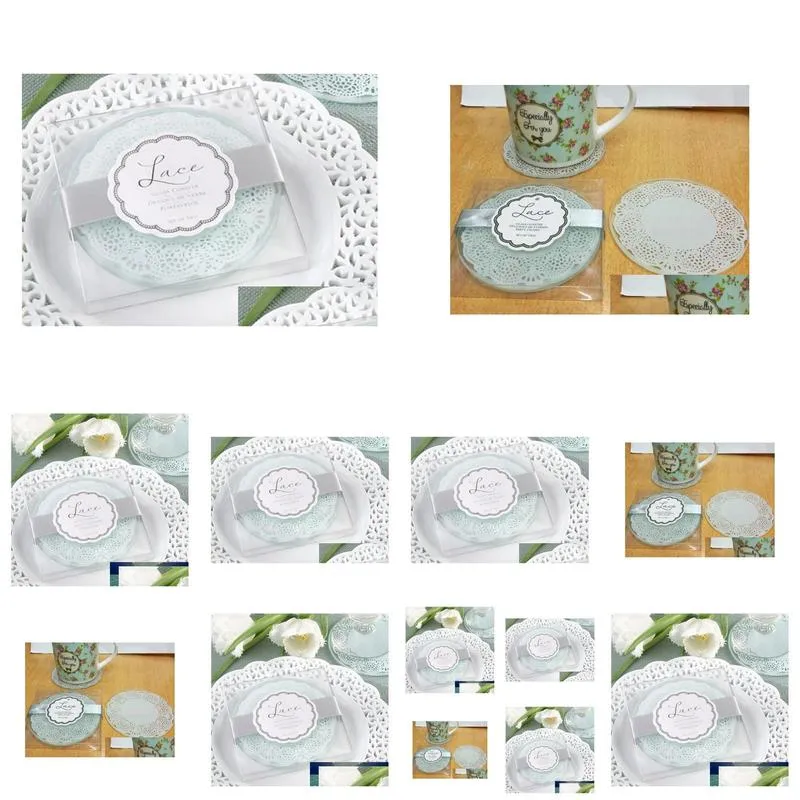  arrival glass coasters in lace design wedding gifts glass cup 2pcs in one package wedding souvenir party favor