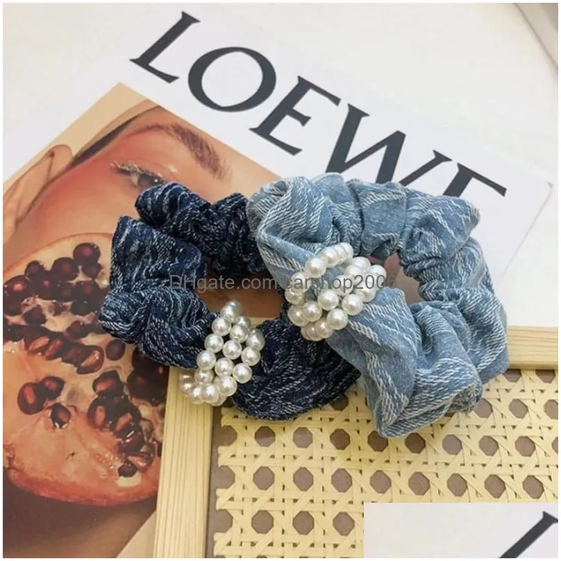 fashion hair accessories women denim pearl large intestine hair tie rubber band small fragrant flower head rope rubber band hair