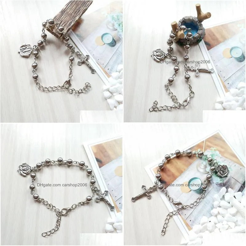 metal beads strand cross rosary bracelets for men women religious jewelry