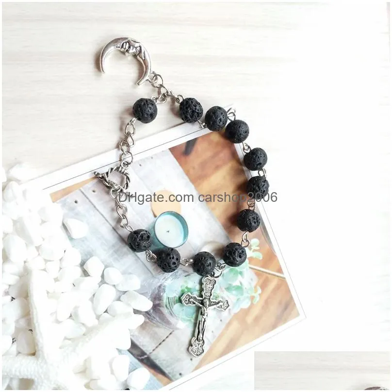 black volcanic rock beads rosary bracelet cross religious jewelry