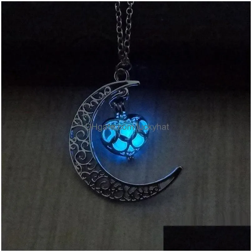 hot glow in the dark necklaces hollow heart crescent moon luminous pendant chains for women fashion jewelry accessories gift