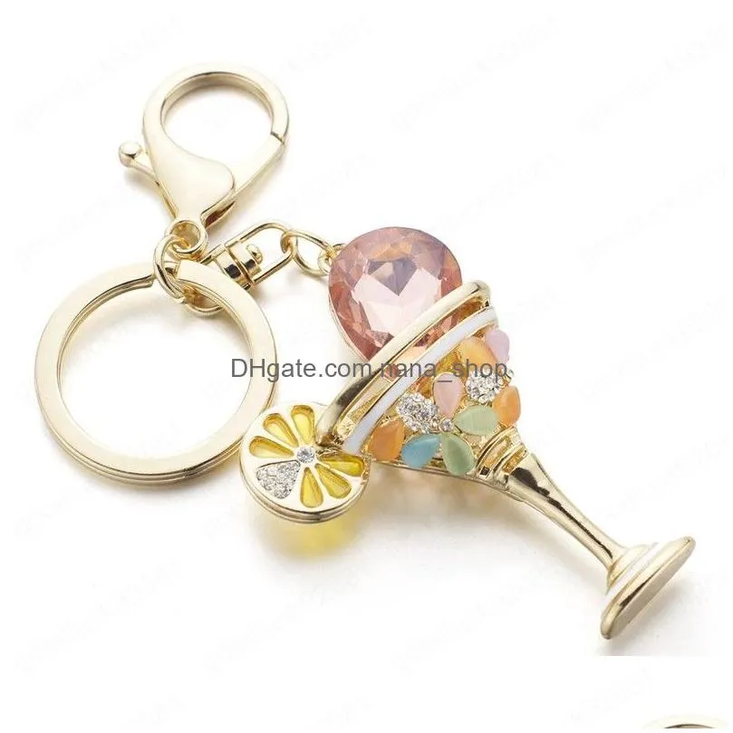 wine glass cup lemon goblet key ring chains holder fashion crystal bag buckle pendant for car keyrings keychains