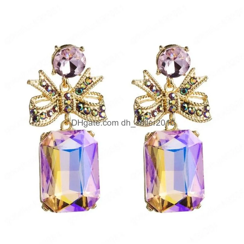 luxury geometric rhinestone pendant dangle earrings women golden metal bowknot with crystal high quality earring jewelry