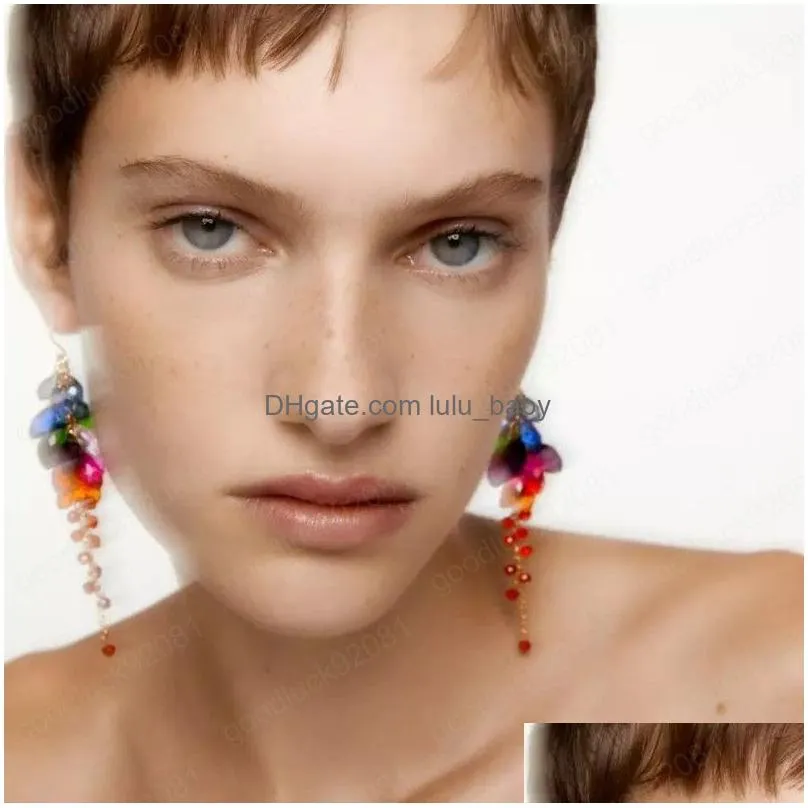 luxury multi color crystal flower tassel earrings vintage geometric gemstone long dangle earring bridal wedding jewlry