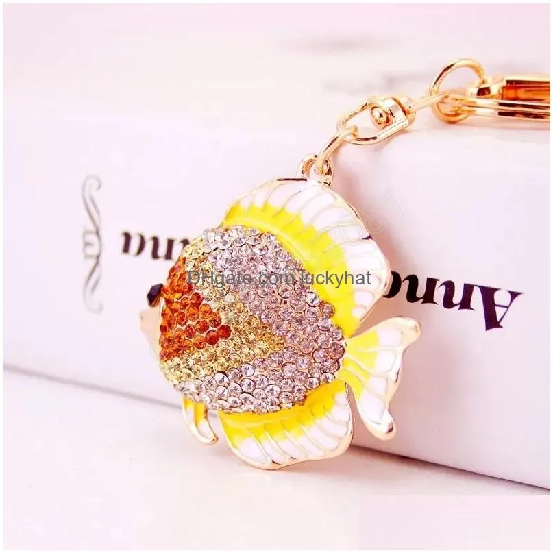 creative diamond inlay cartoon color tropical fish key chain womens bag accessories animal car keyrings metal pendant