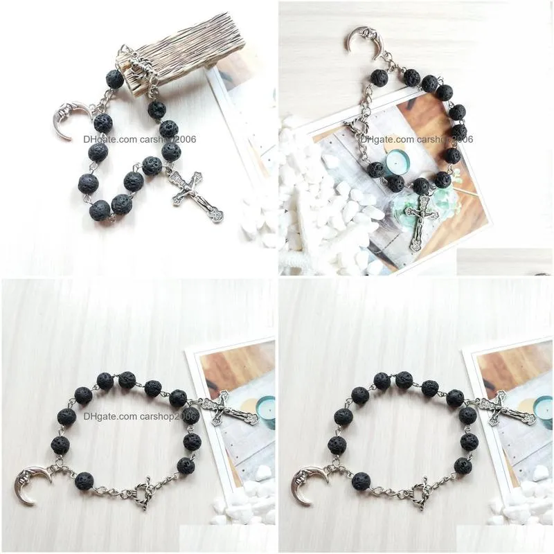 black volcanic rock beads rosary bracelet cross religious jewelry
