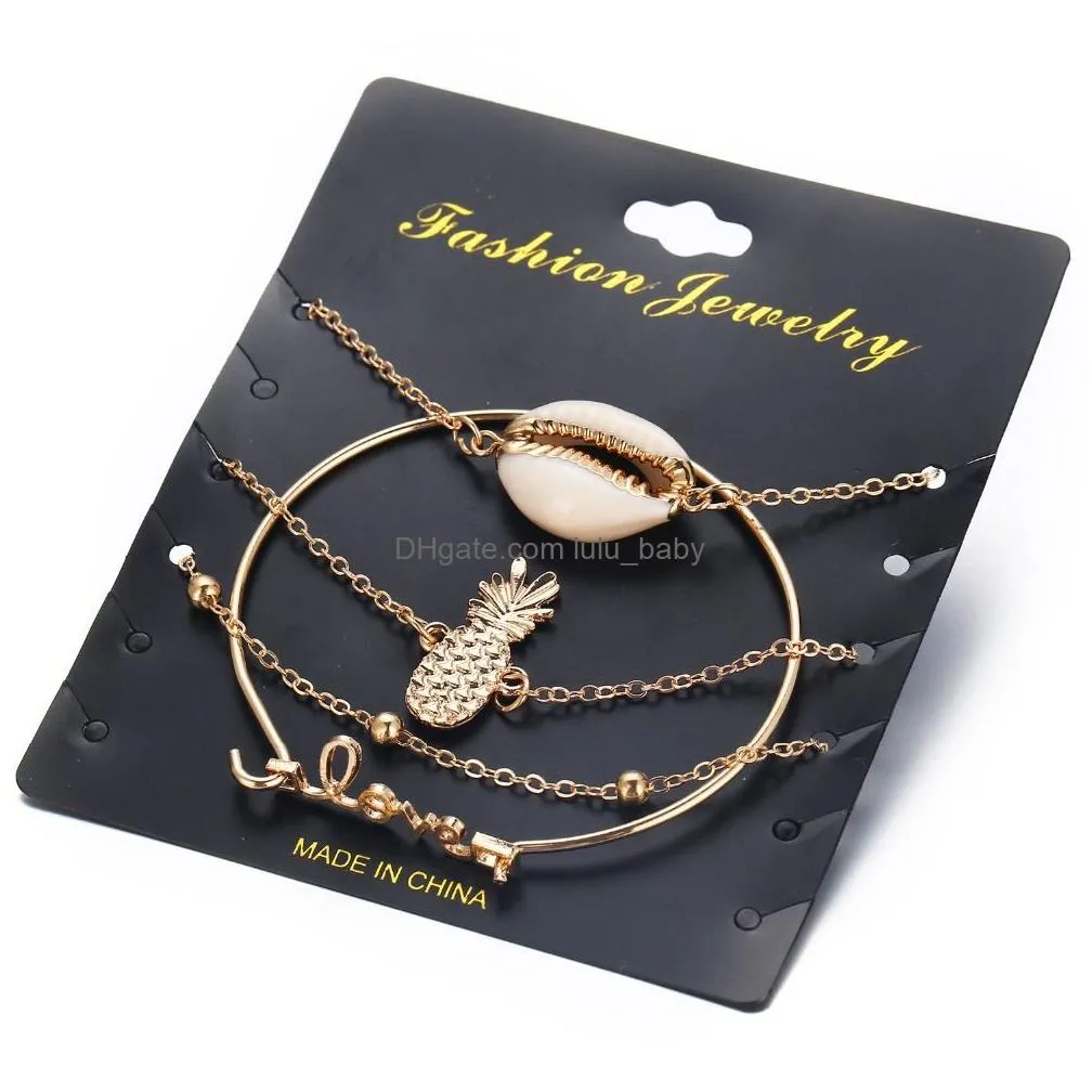 bohemian shell letter bracelets set for women girl chain link pineapple bracelet bangles charm female jewelry 4pcs/set