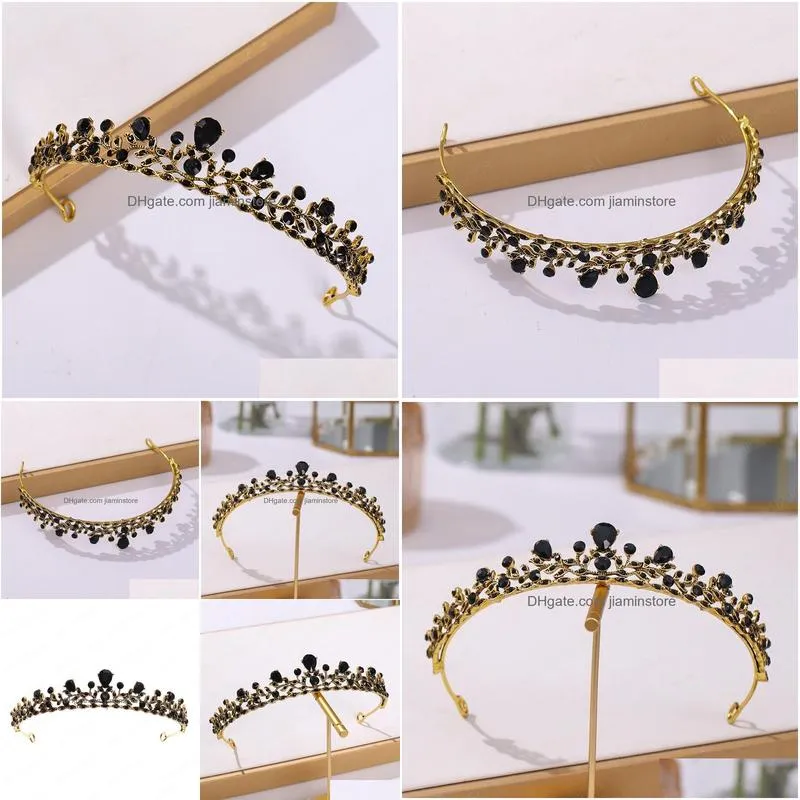 bridal crown headwear wedding birthday tiaras headdress black rhinestones retro luxury hair accessories