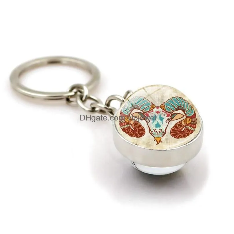 12 constellation time stone retro keychain doublesided glass ball charm metal keychain keyring creative men women jewelry friend