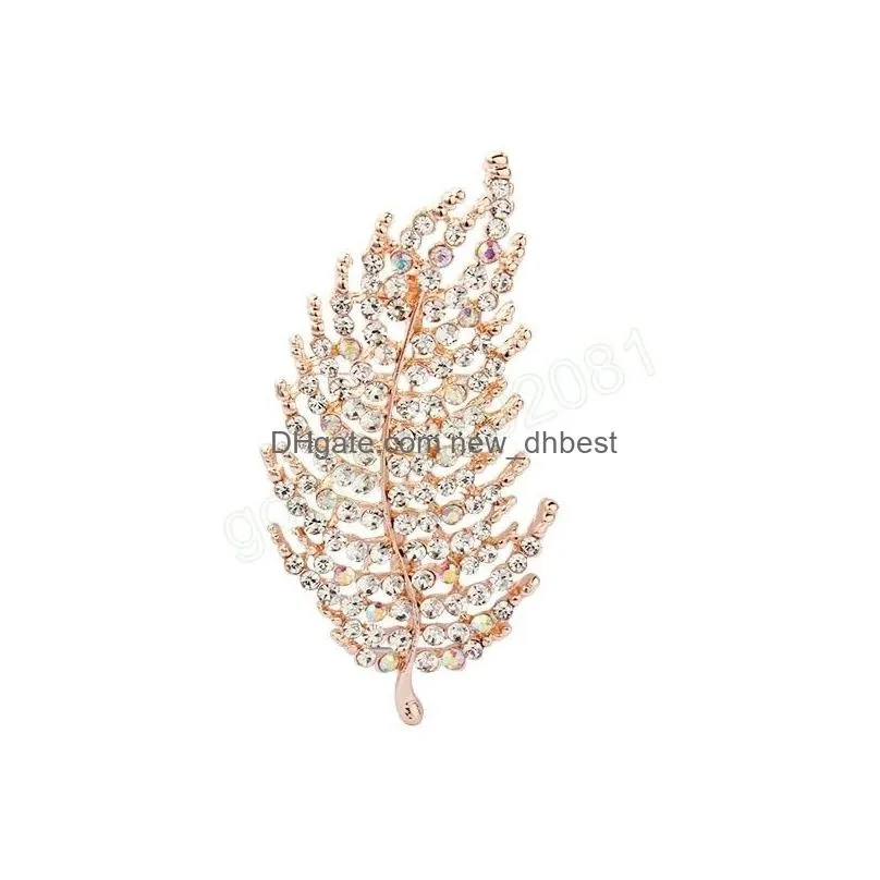 fashion crystal feather brooch zinc alloy exquisite gold color feather lapel pins dress coat accessories party wedding jewelry