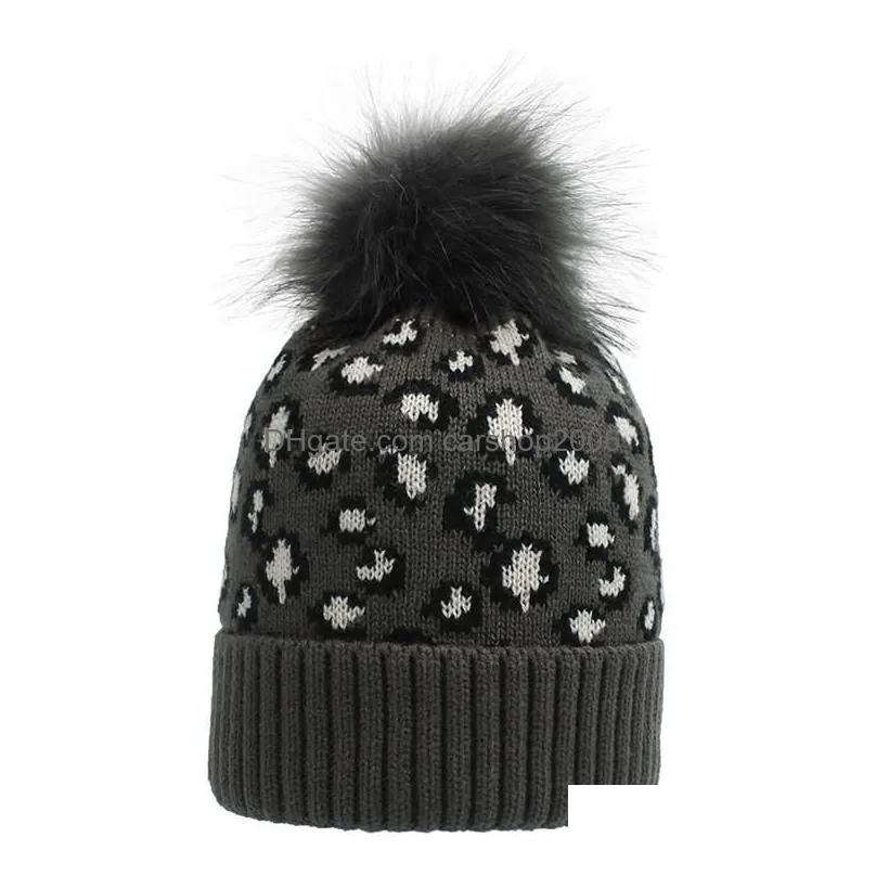 winter knitted hat for women girls warm pom pom wool cap ladies leopard skull hats fashion cuff beanie fuzzy outdoor caps
