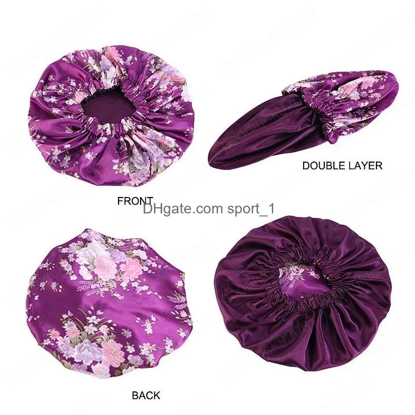 extra large satin lined beanies caps women big size beauty print double layer silk sleep night cap head cover bonnet hat