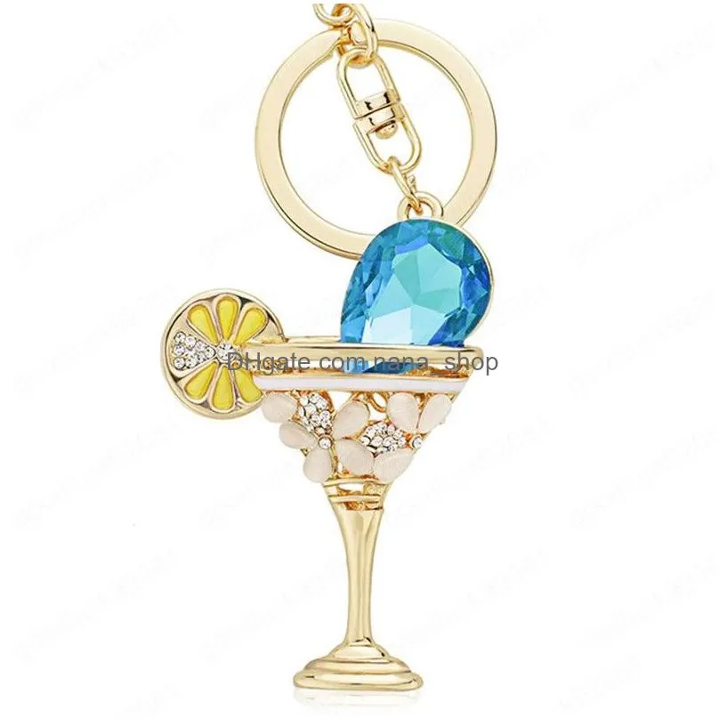 wine glass cup lemon goblet key ring chains holder fashion crystal bag buckle pendant for car keyrings keychains