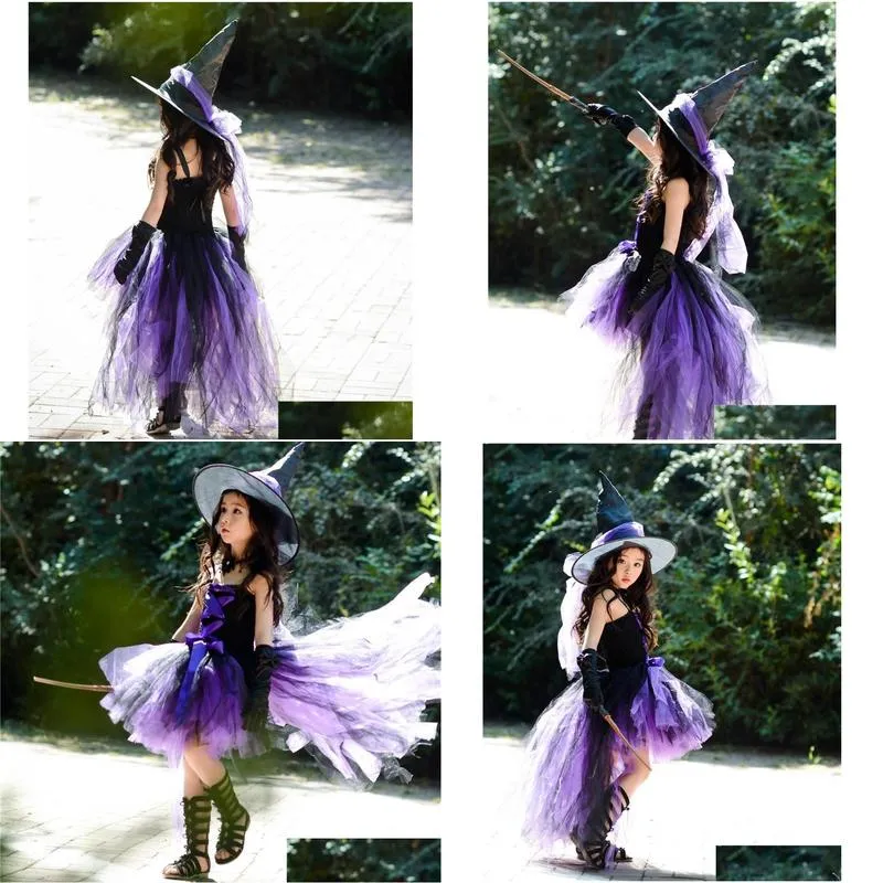 girls dresses purple kids girls halloween fairy party with hat black witch toddler baby birthday cosplay costumes children dress